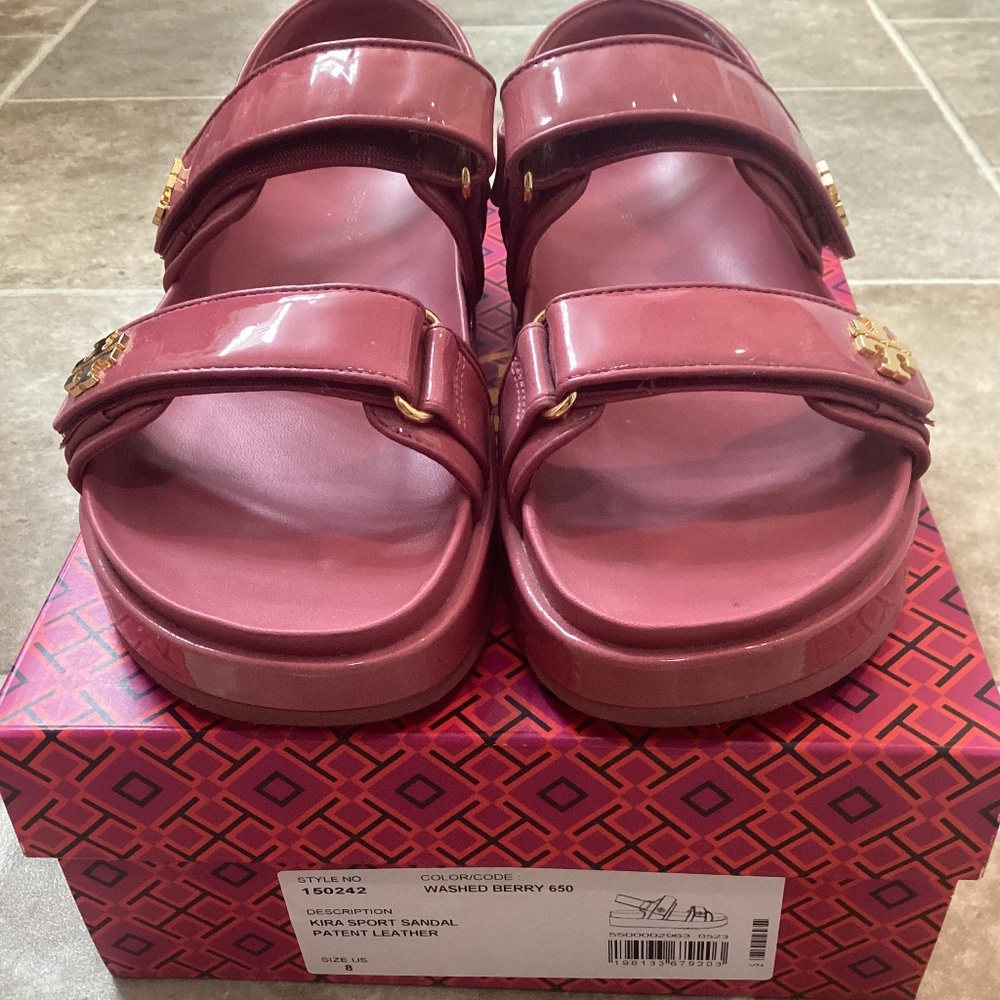 Tory Burch Kira Sport Sandal Washed Berry Patent Leather size 8